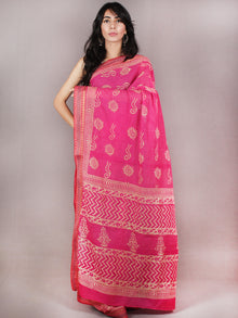 Pink Beige Hand Block Printed in Natural Colors Cotton Mul Saree With Resham Border - S03170705