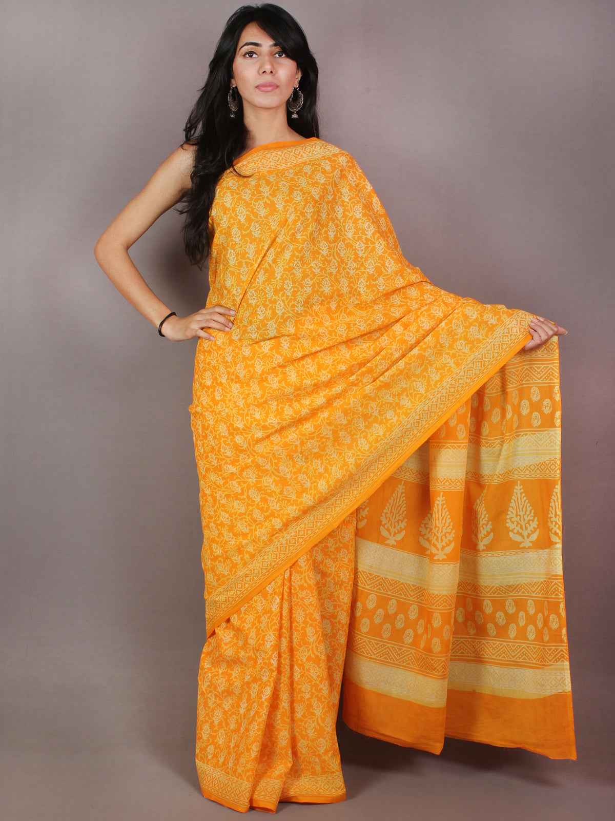 Yellow Ivory Hand Block Printed in Natural Colors Cotton Mul Saree - S03170706