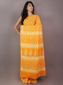 Yellow Ivory Hand Block Printed in Natural Colors Cotton Mul Saree - S03170706