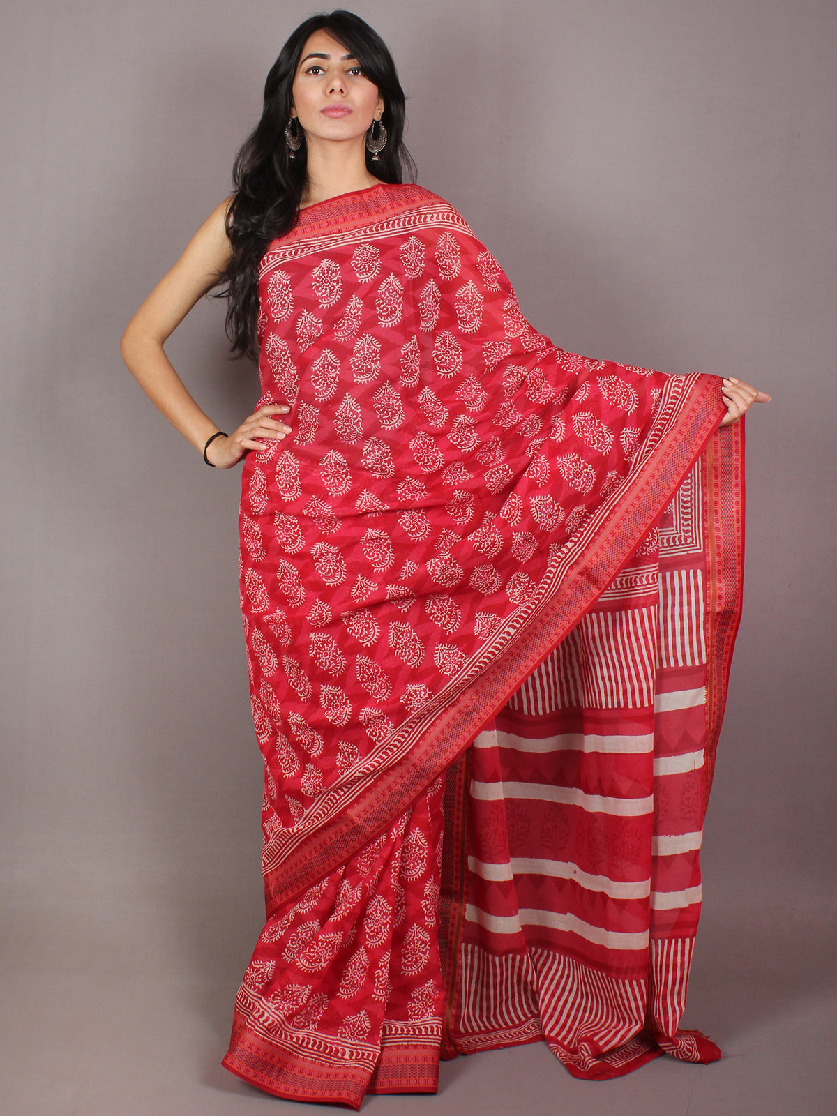 Pink Ivory Hand Block Printed in Natural Colors Cotton Mul Saree With Resham Border - S03170708