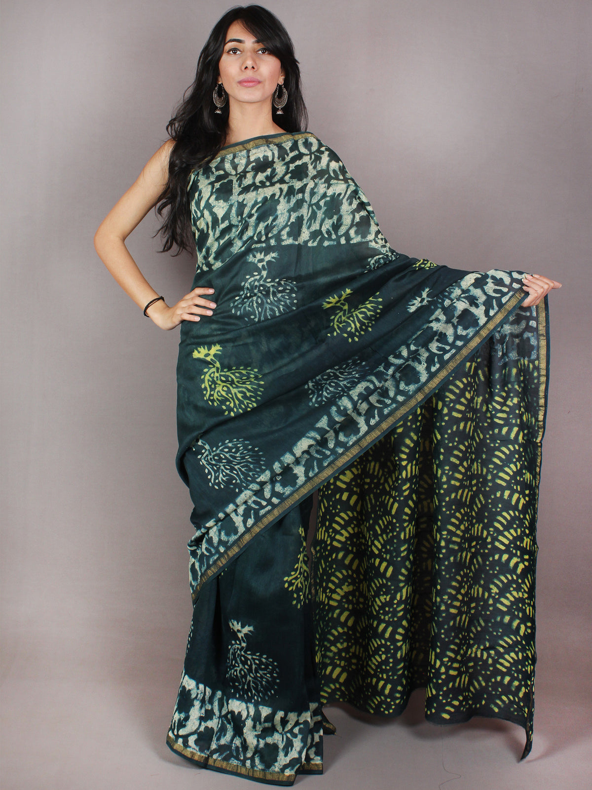 Pine Green Yellow Ivory Hand Block Printed in Natural Colors Chanderi Saree - S03170709