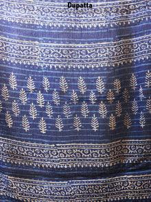 Indigo Beige Hand Block Printed Cotton Suit-Salwar Fabric With Chiffon Dupatta - S1628071