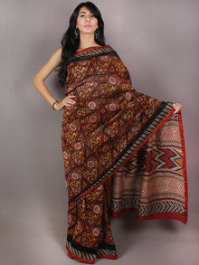 Brown Red Black Hand Block Printed in Natural Colors Chanderi Saree - S03170710