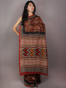 Brown Red Black Hand Block Printed in Natural Colors Chanderi Saree - S03170710