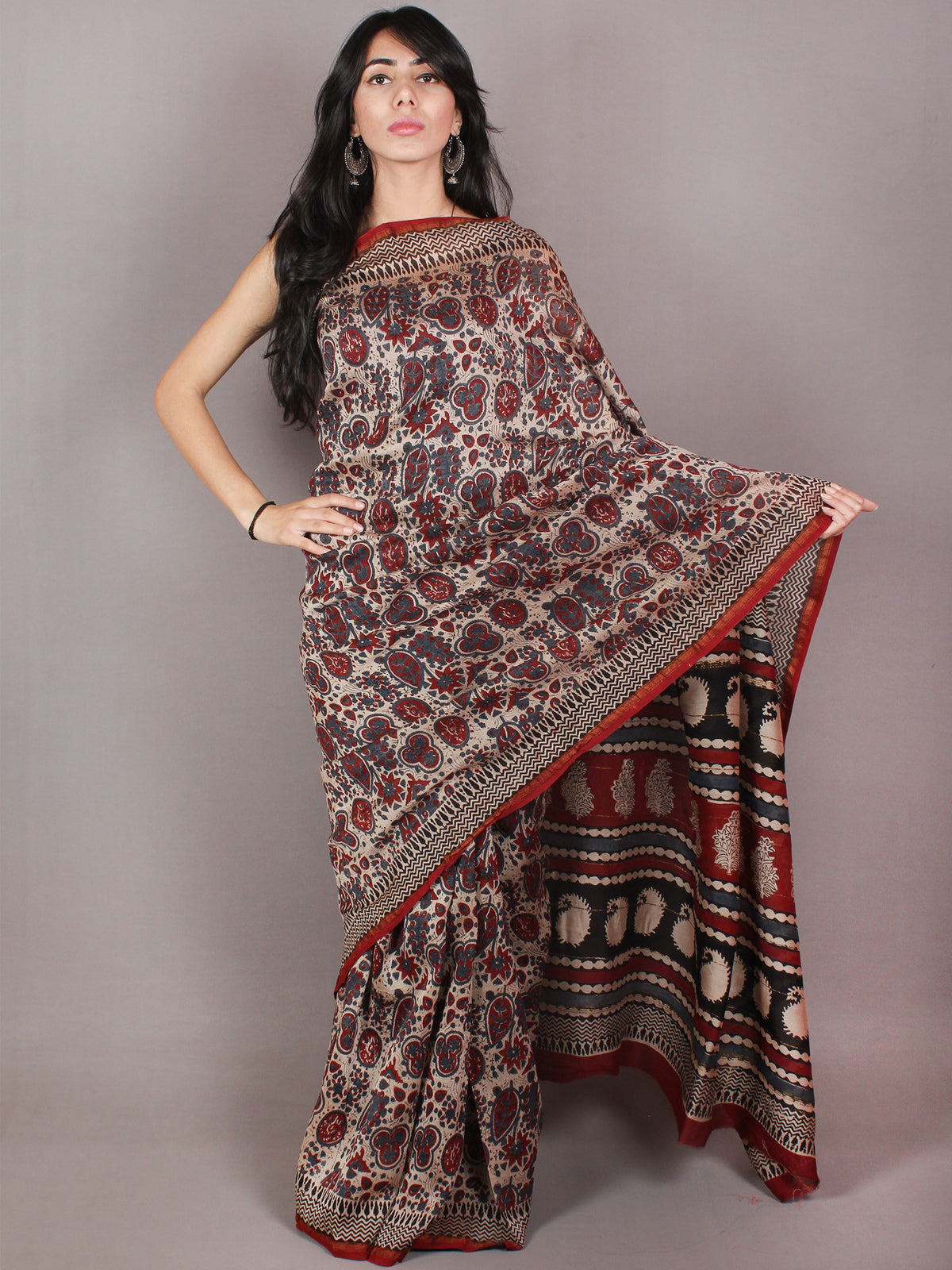 Brown Maroon Red Hand Block Printed in Natural Colors Chanderi Saree - S03170715