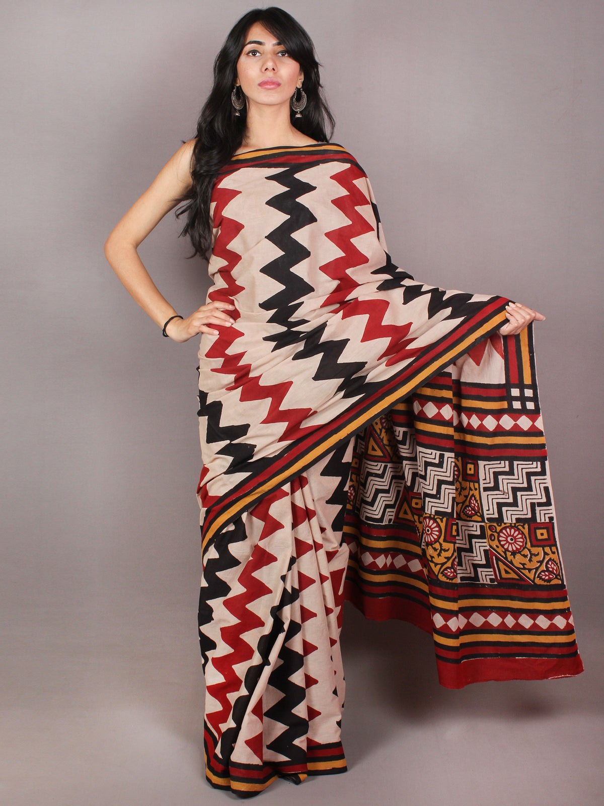 Red Black Beige Hand Block Printed in Natural Colors Cotton Mul Saree - S03170716