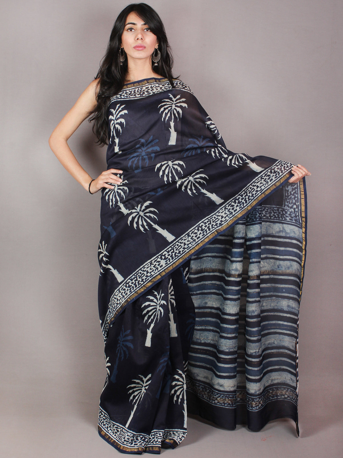 Indigo White Blue Hand Block Printed in Natural Colors Chanderi Saree - S03170717