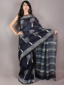 Indigo White Blue Hand Block Printed in Natural Colors Chanderi Saree - S03170717