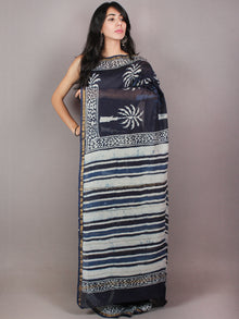 Indigo White Blue Hand Block Printed in Natural Colors Chanderi Saree - S03170717