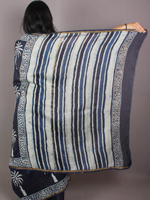 Indigo White Blue Hand Block Printed in Natural Colors Chanderi Saree - S03170717