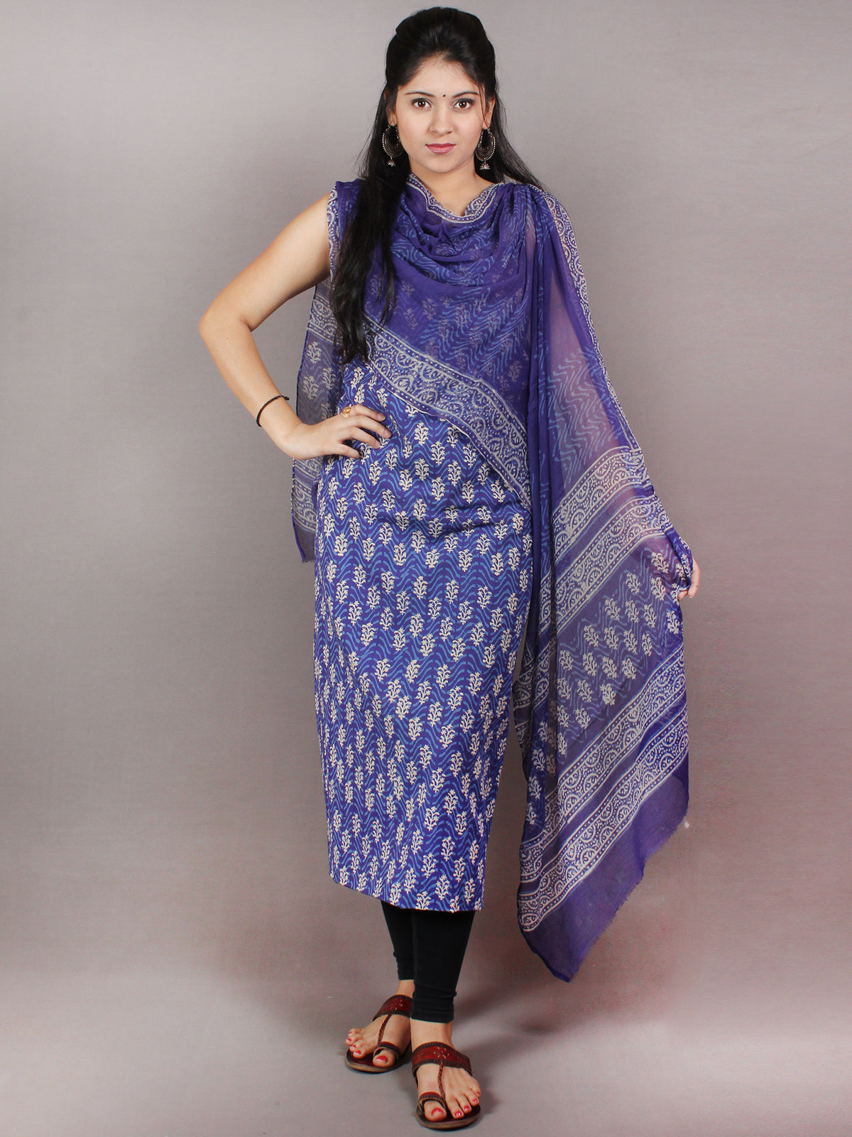 Purple Beige Hand Block Printed Cotton Suit-Salwar Fabric With Chiffon Dupatta - S1628072