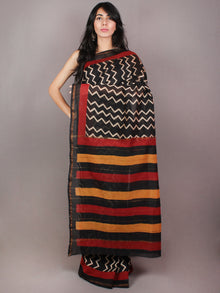 Black Red Beige Orange Hand Block Printed in Chanderi Saree - S03170722