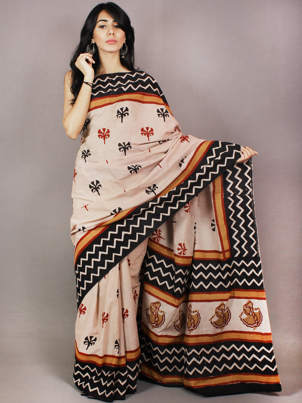 Beige Black Red Hand Block Printed in Cotton Mul Saree - S03170723