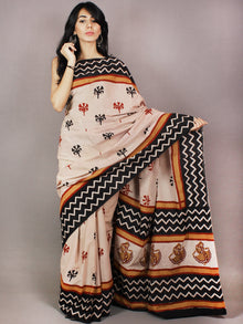 Beige Black Red Hand Block Printed in Cotton Mul Saree - S03170723