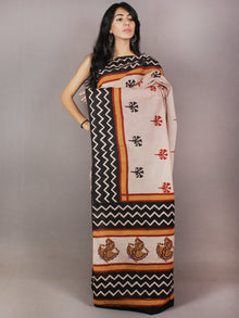 Beige Black Red Hand Block Printed in Cotton Mul Saree - S03170723