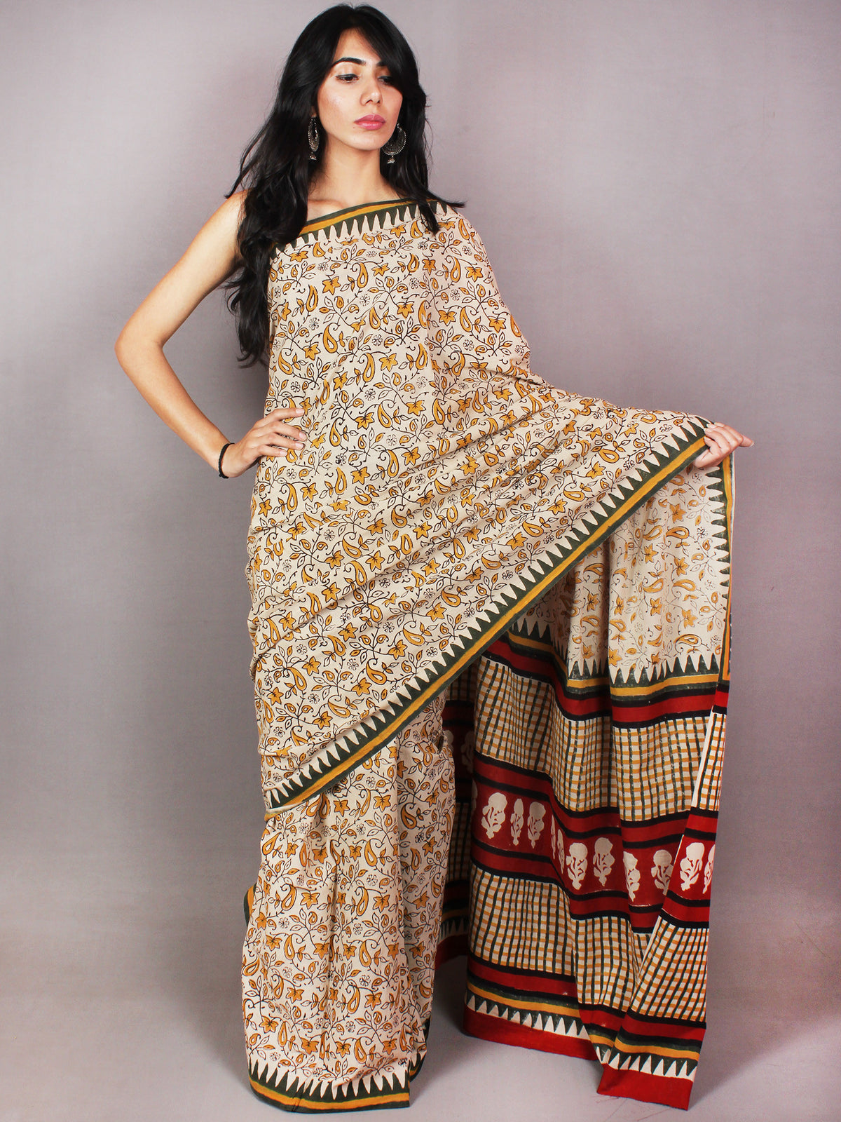 Beige Yellow Red Black Hand Block Printed in Cotton Mul Saree - S03170724