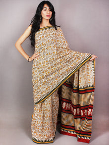 Beige Yellow Red Black Hand Block Printed in Cotton Mul Saree - S03170724