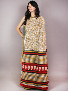 Beige Yellow Red Black Hand Block Printed in Cotton Mul Saree - S03170724