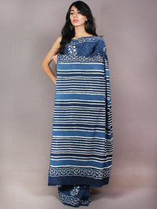 Indigo White Blue Hand Block Printed in Cotton Mul Saree - S03170725