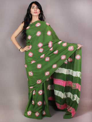 Green Pink Ivory Shibori Dyed Cotton Mul Saree  - S03170727