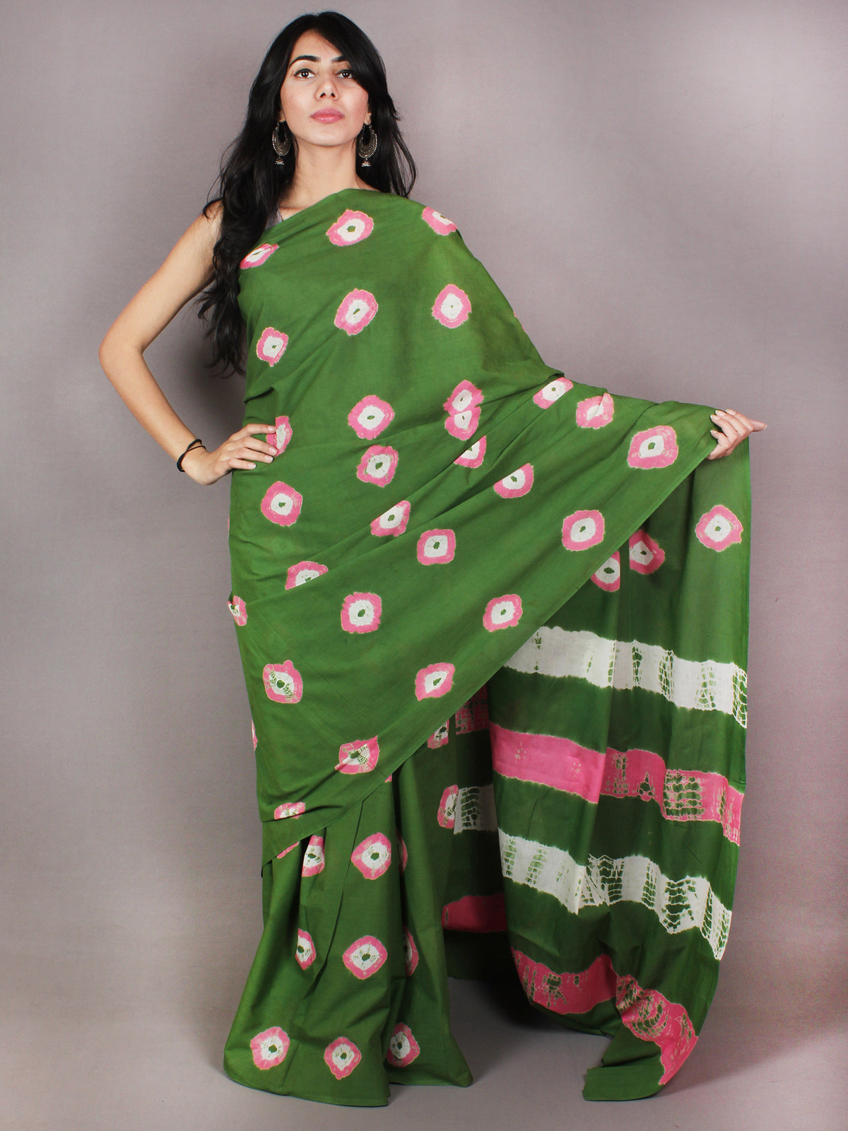 Green Pink Ivory Shibori Dyed Cotton Mul Saree  - S03170727