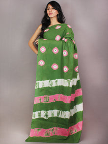 Green Pink Ivory Shibori Dyed Cotton Mul Saree  - S03170727