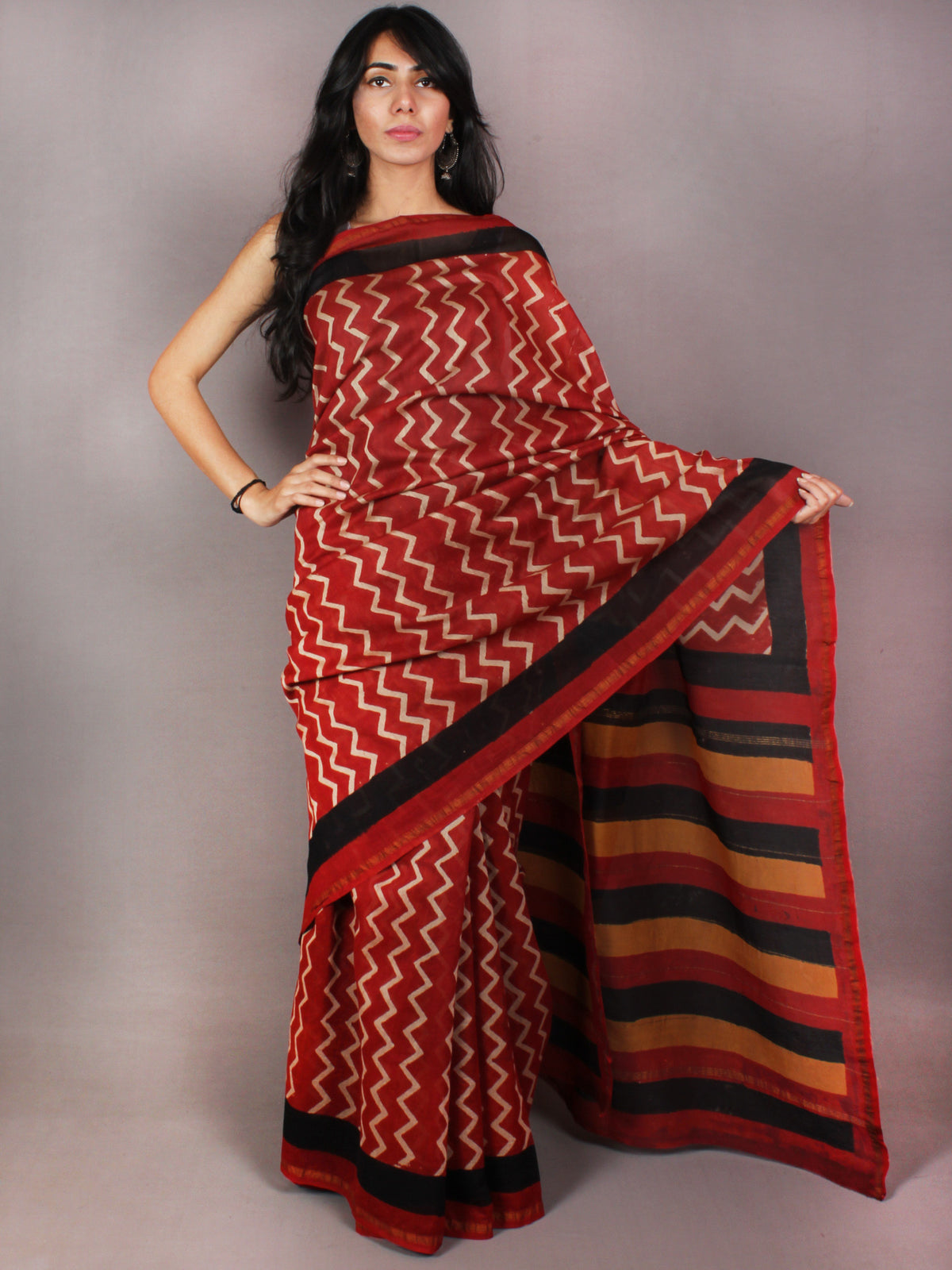 Red Beige Black Orange Hand Block Printed in Chanderi Saree - S03170728