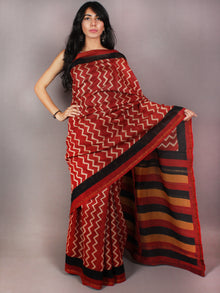 Red Beige Black Orange Hand Block Printed in Chanderi Saree - S03170728