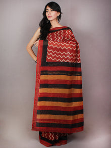 Red Beige Black Orange Hand Block Printed in Chanderi Saree - S03170728