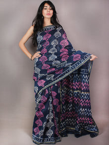 Indigo Pink White Bagru Dabu Hand Block Printed in Chanderi Saree - S03170729