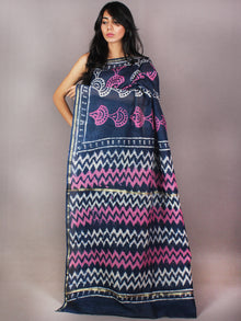 Indigo Pink White Bagru Dabu Hand Block Printed in Chanderi Saree - S03170729
