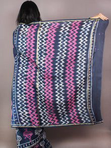 Indigo Pink White Bagru Dabu Hand Block Printed in Chanderi Saree - S03170729