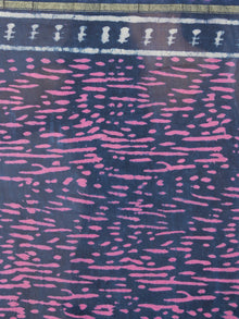 Indigo Pink White Bagru Dabu Hand Block Printed in Chanderi Saree - S03170729