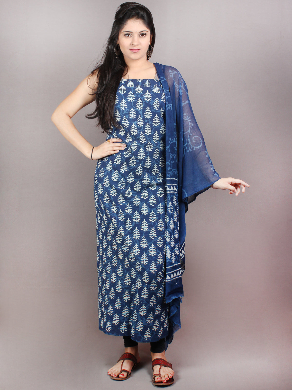 Indigo Beige Hand Block Printed Cotton Suit-Salwar Fabric With Chiffon Dupatta - S1628073
