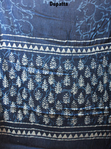 Indigo Beige Hand Block Printed Cotton Suit-Salwar Fabric With Chiffon Dupatta - S1628073