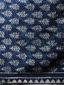 Indigo Beige Hand Block Printed Cotton Suit-Salwar Fabric With Chiffon Dupatta - S1628073