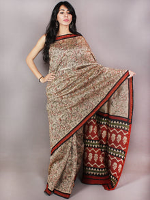 Beige Red Green Black Bagru Dabu Hand Block Printed in Chanderi Saree - S03170730