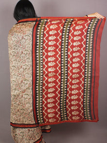 Beige Red Green Black Bagru Dabu Hand Block Printed in Chanderi Saree - S03170730
