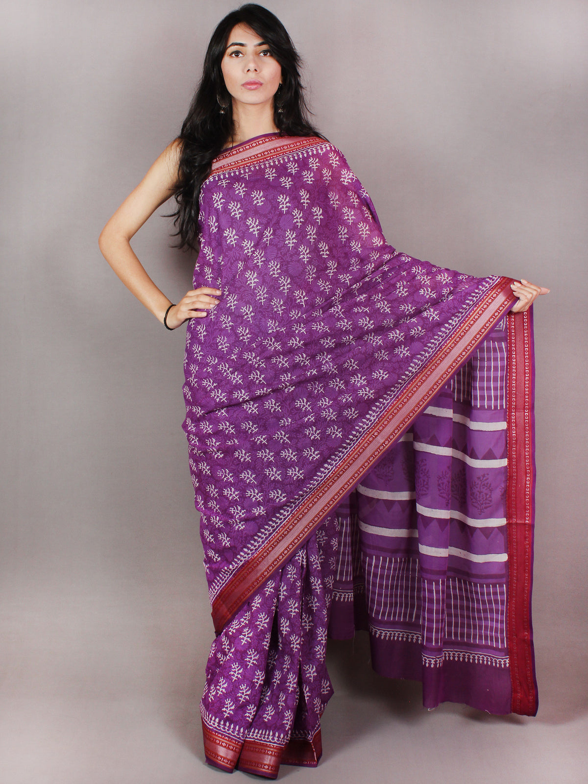 Purple White Blue Hand Block Printed in Cotton Mul Saree With Red Reshan Border - S03170732