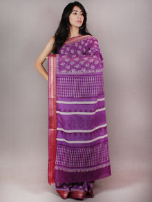 Purple White Blue Hand Block Printed in Cotton Mul Saree With Red Reshan Border - S03170732