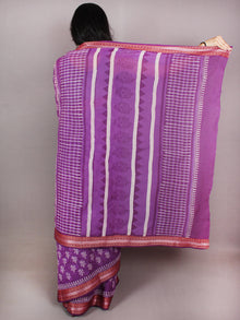 Purple White Blue Hand Block Printed in Cotton Mul Saree With Red Reshan Border - S03170732