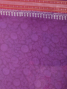 Purple White Blue Hand Block Printed in Cotton Mul Saree With Red Reshan Border - S03170732