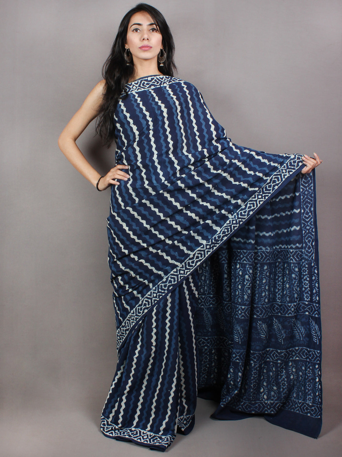 Indigo Cotton Hand Block Printed Saree in Natural Colors - S03170734