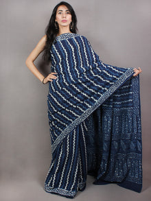 Indigo Cotton Hand Block Printed Saree in Natural Colors - S03170734
