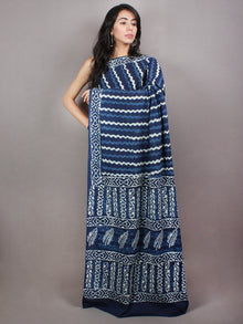 Indigo Cotton Hand Block Printed Saree in Natural Colors - S03170734