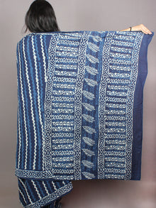 Indigo Cotton Hand Block Printed Saree in Natural Colors - S03170734