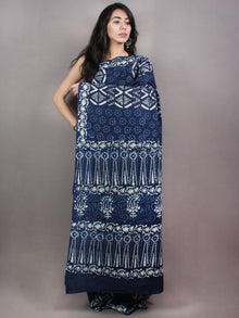 Indigo White Cotton Hand Block Printed & Painted Saree - S03170735