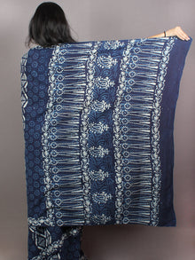 Indigo White Cotton Hand Block Printed & Painted Saree - S03170735