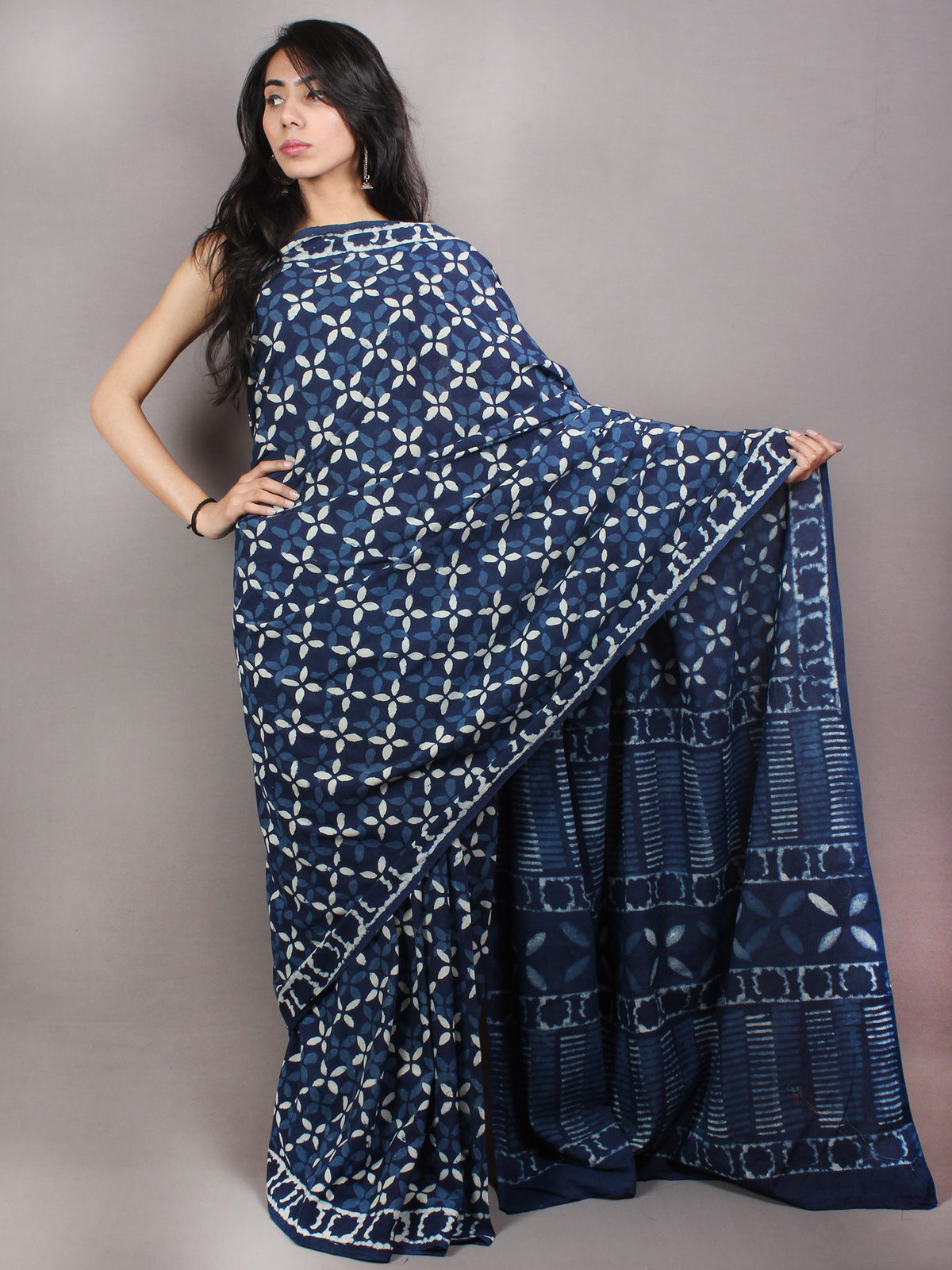 Indigo Cotton Hand Block Printed & Painted Saree - S03170736