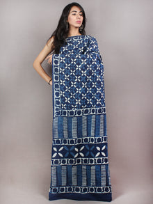 Indigo Cotton Hand Block Printed & Painted Saree - S03170736